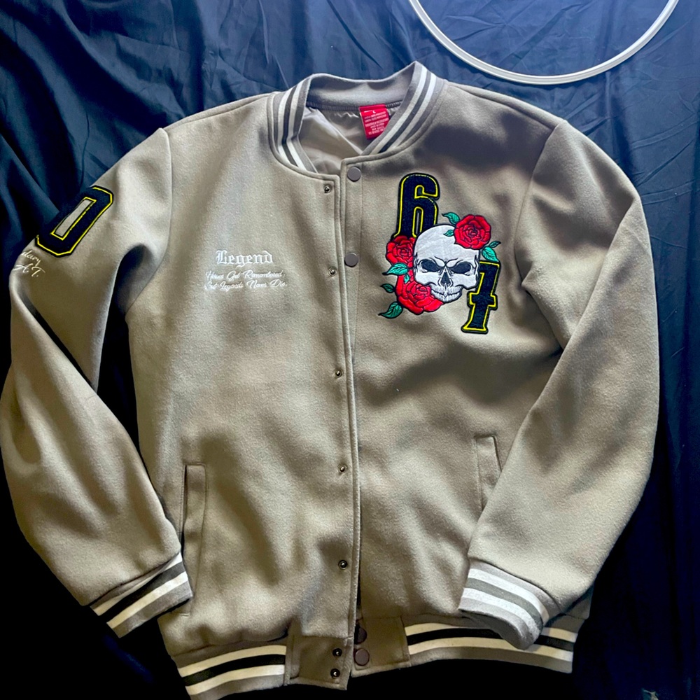 Varsity Jacket with Skull and Rose Embroidery